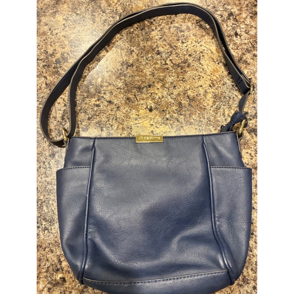 Liz Claiborne Navy Blue Faux Leather Purse Bag Gold Hardware Adjustable Strap